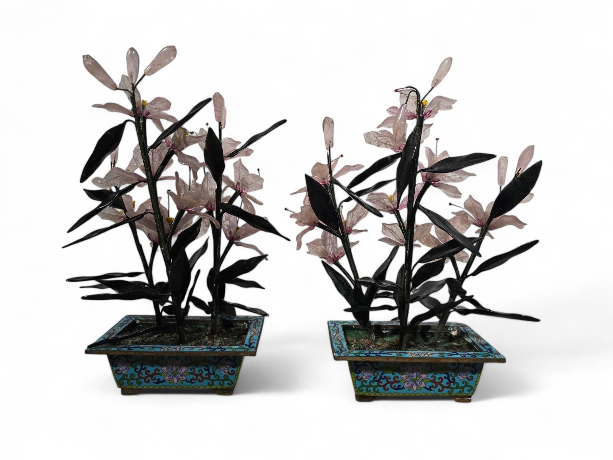 Amethyst Beautiful Pair of 20th-Century Bonsai Trees in Agate, Crystal, and Nephrite Jade For Sale