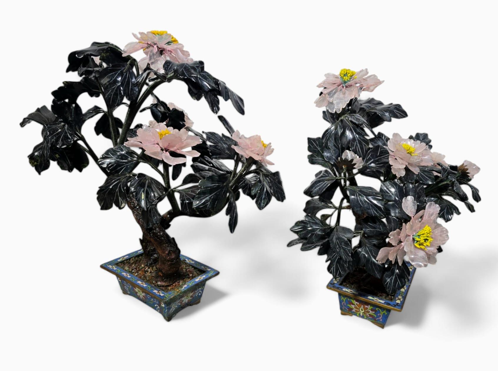Beautiful Pair of 20th-Century Bonsai Trees in Agate, Crystal, and Nephrite Jade For Sale 3