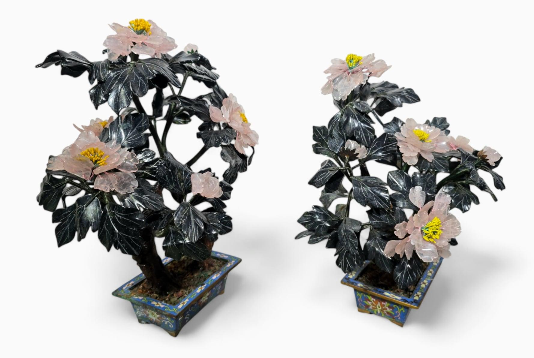 Beautiful Pair of 20th-Century Bonsai Trees in Agate, Crystal, and Nephrite Jade For Sale 4