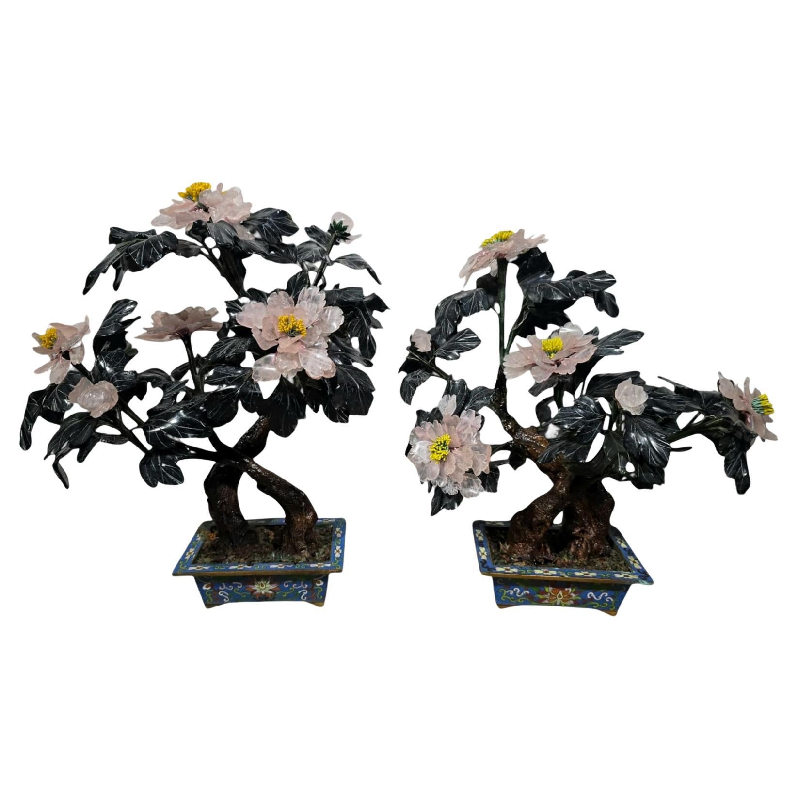 Beautiful Pair of 20th-Century Bonsai Trees in Agate, Crystal, and Nephrite Jade