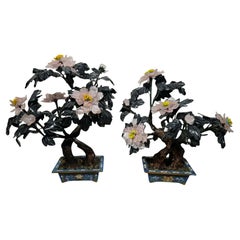 Bellissima coppia di alberi bonsai del XX secolo in agata, cristallo e giada nefrite