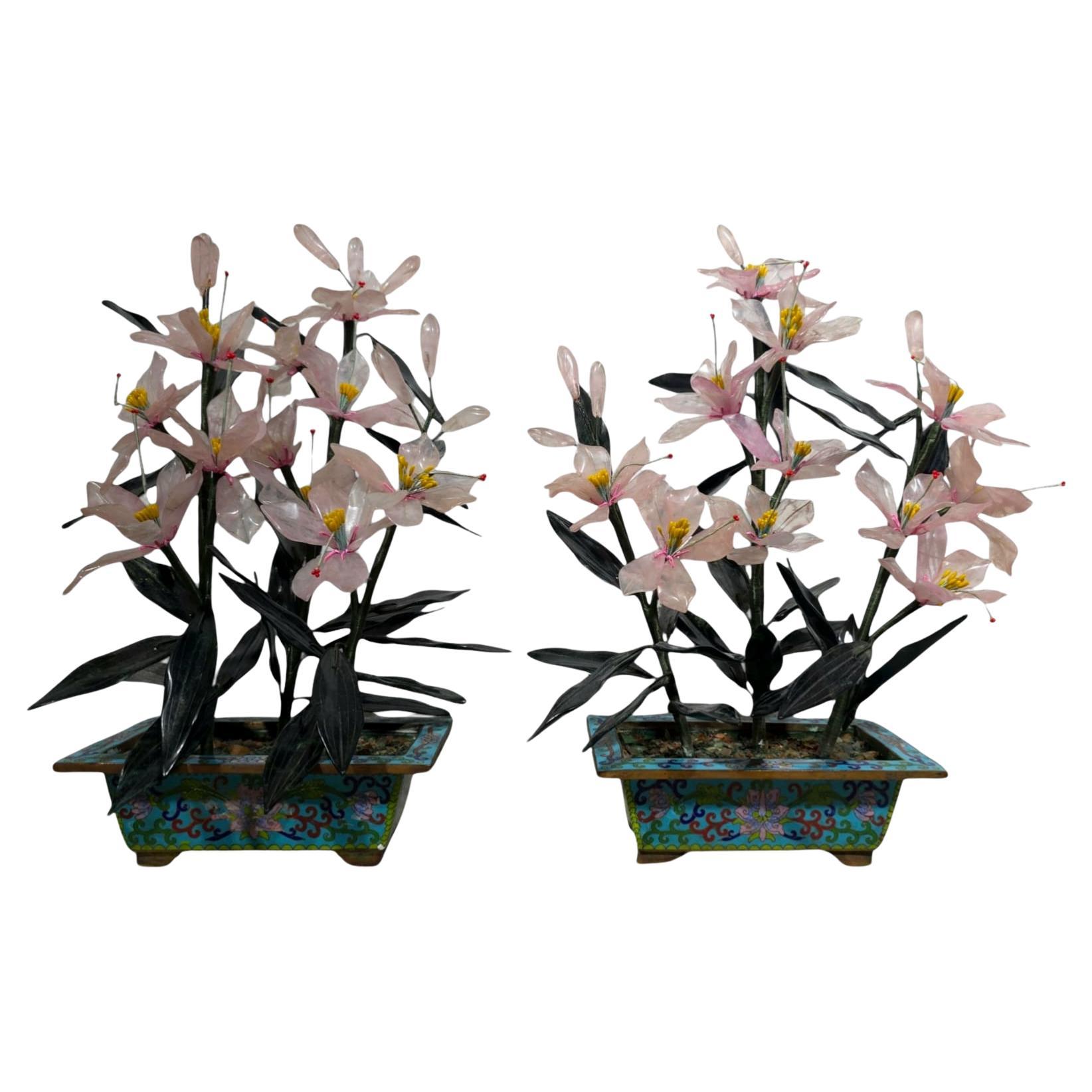 Beautiful Pair of 20th-Century Bonsai Trees in Agate, Crystal, and Nephrite Jade