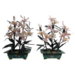 Beautiful Pair of 20th-Century Bonsai Trees in Agate, Crystal, and Nephrite Jade