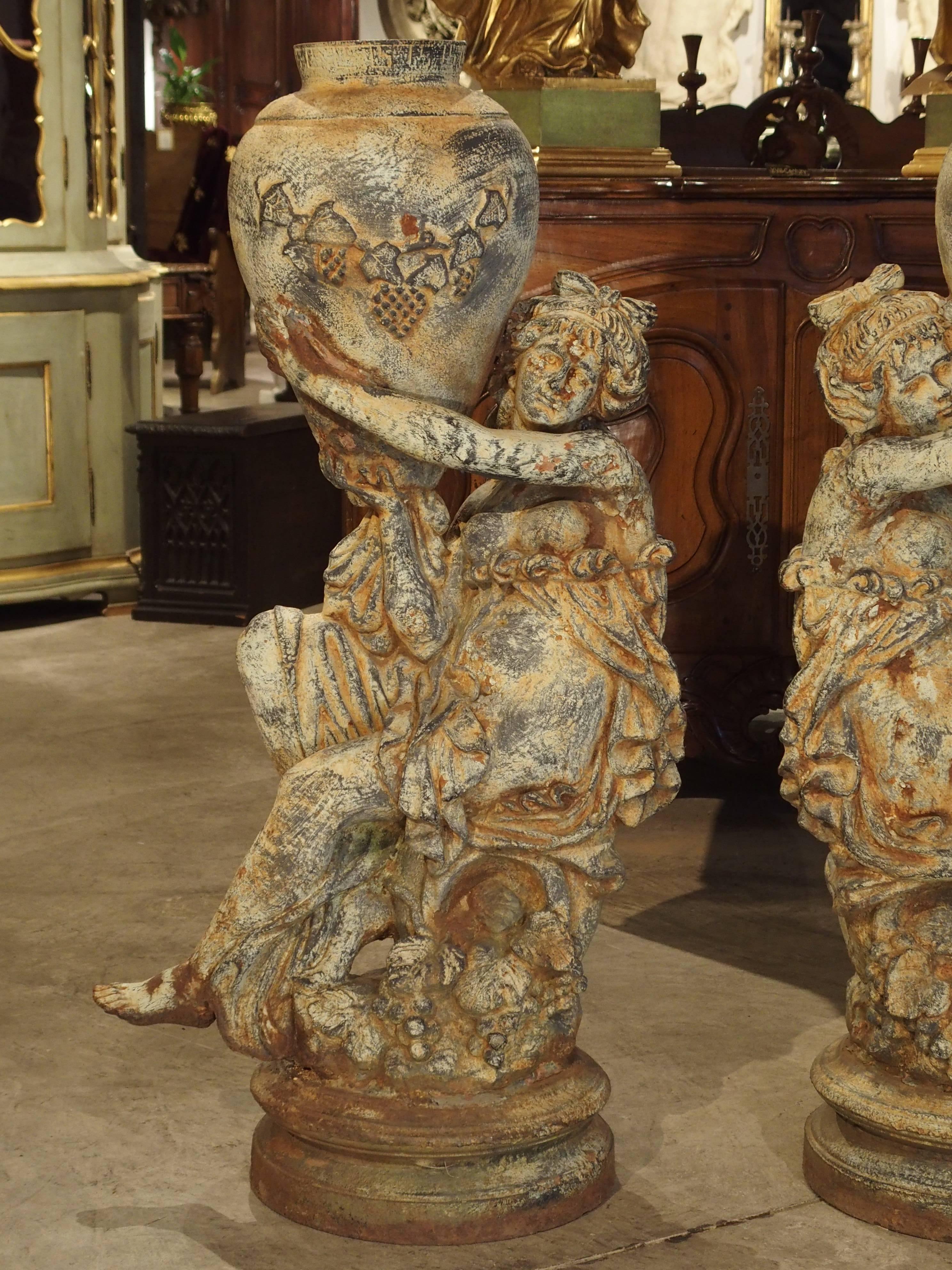 Beautiful Pair of Antique Cast Iron Figural Garden Urns 4
