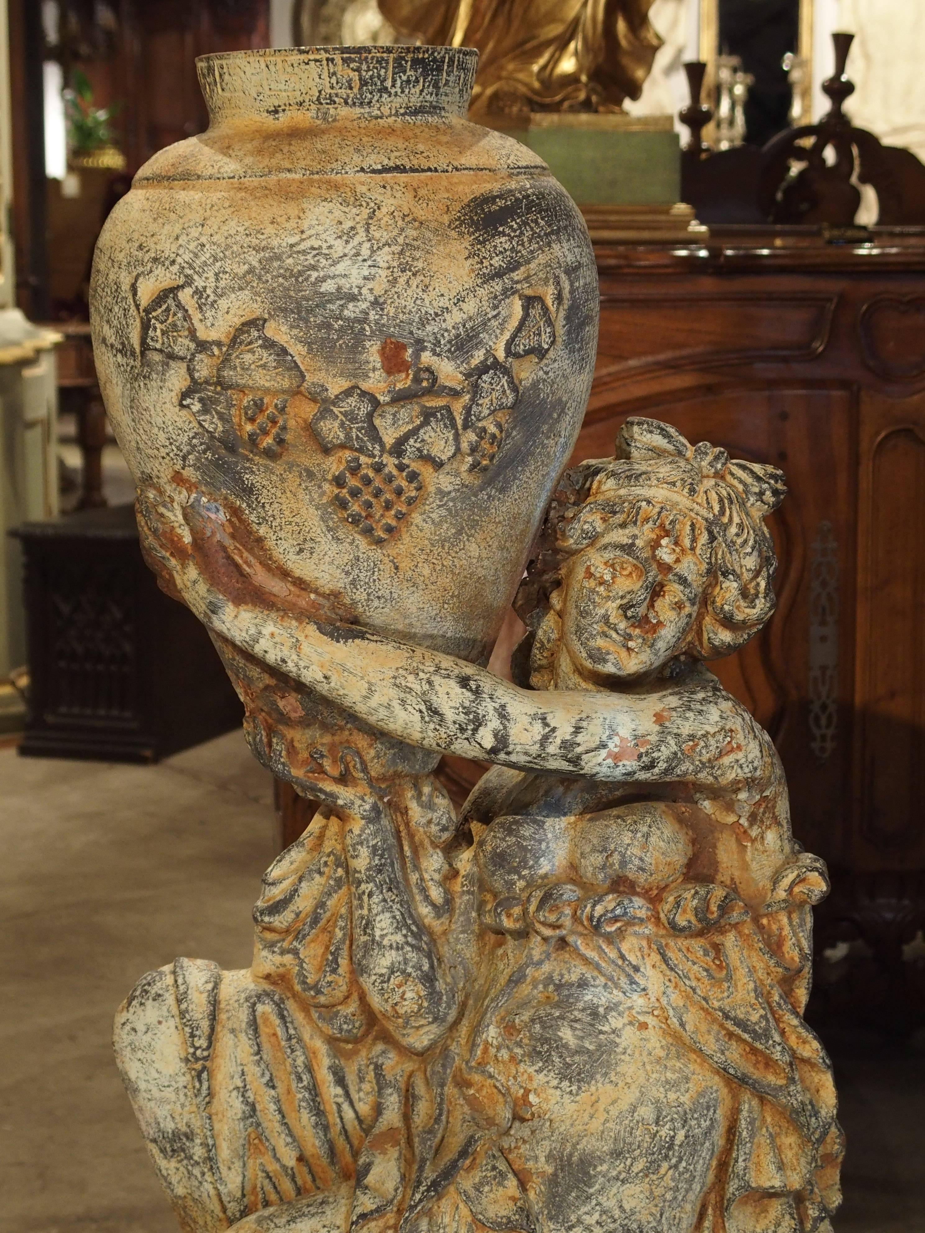 Beautiful Pair of Antique Cast Iron Figural Garden Urns 7