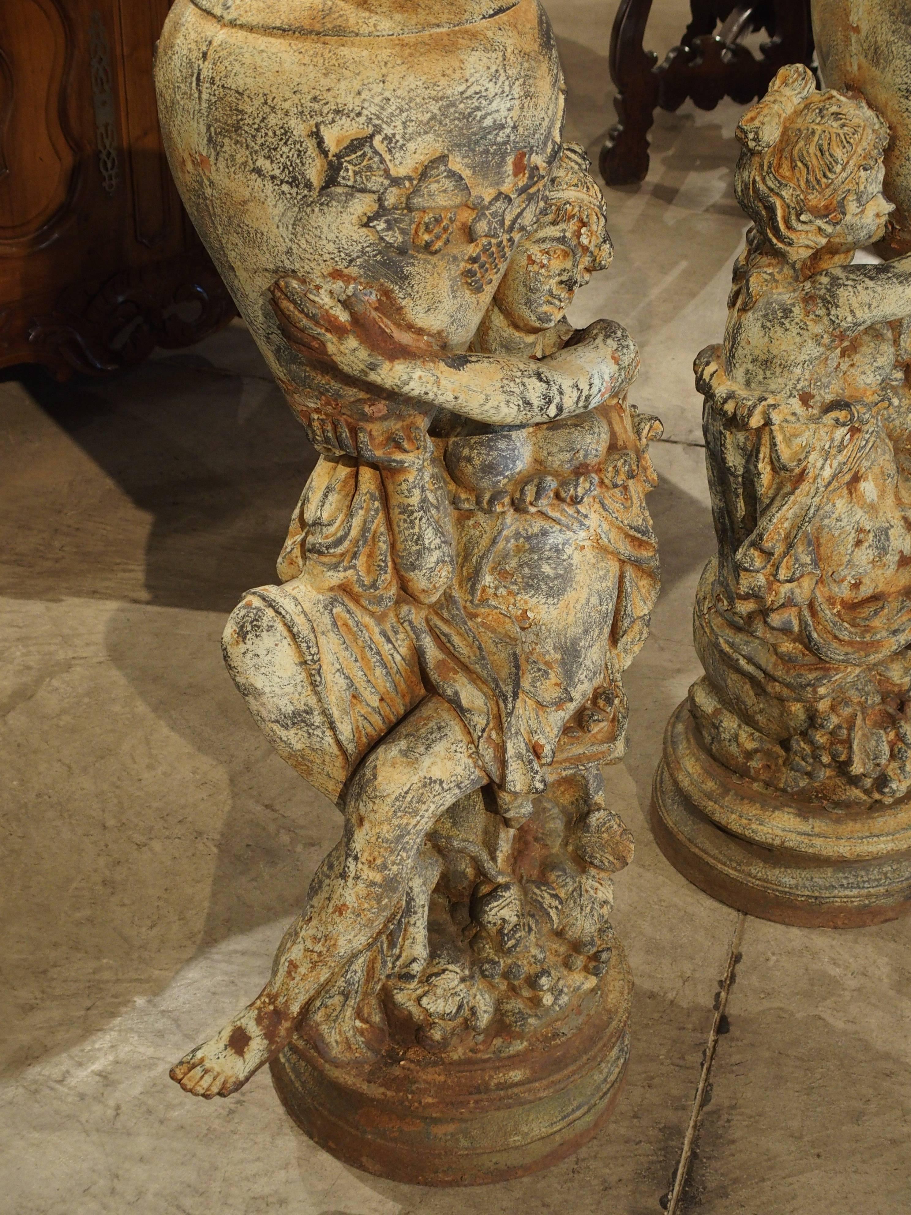 Beautiful Pair of Antique Cast Iron Figural Garden Urns 9