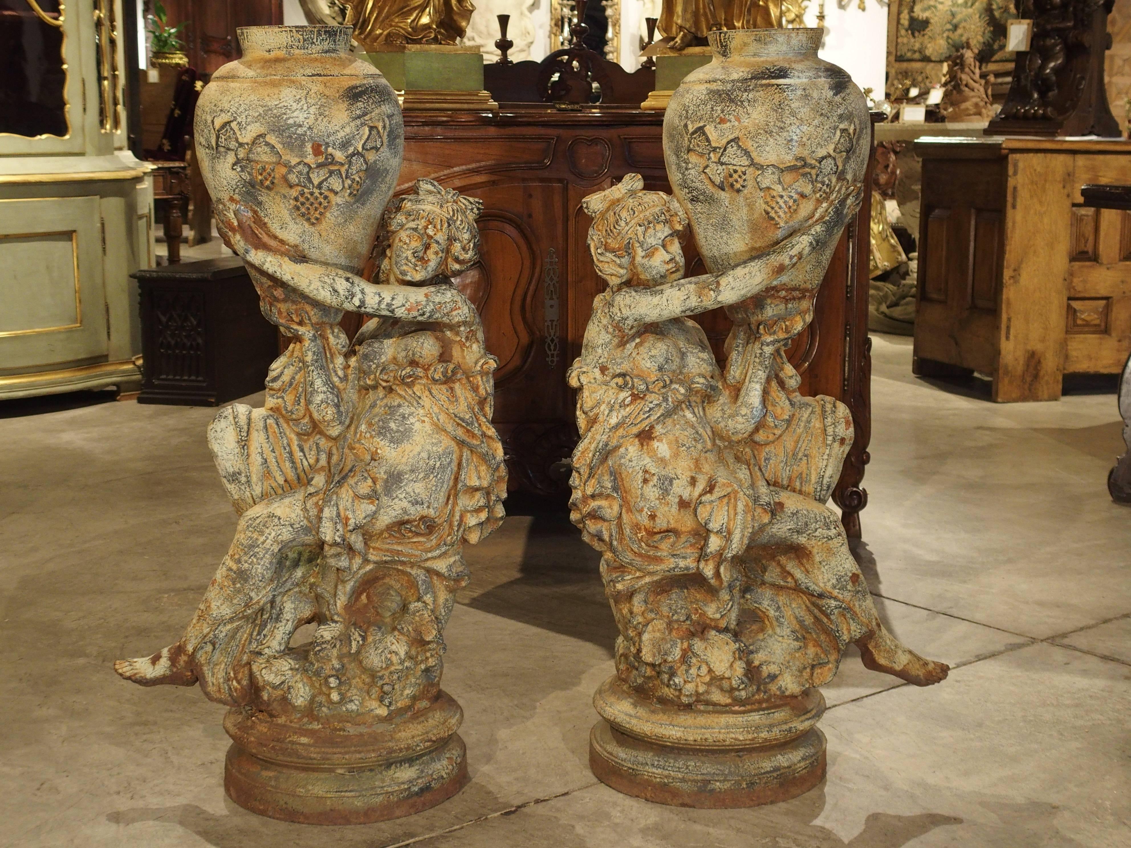Beautiful Pair of Antique Cast Iron Figural Garden Urns 3