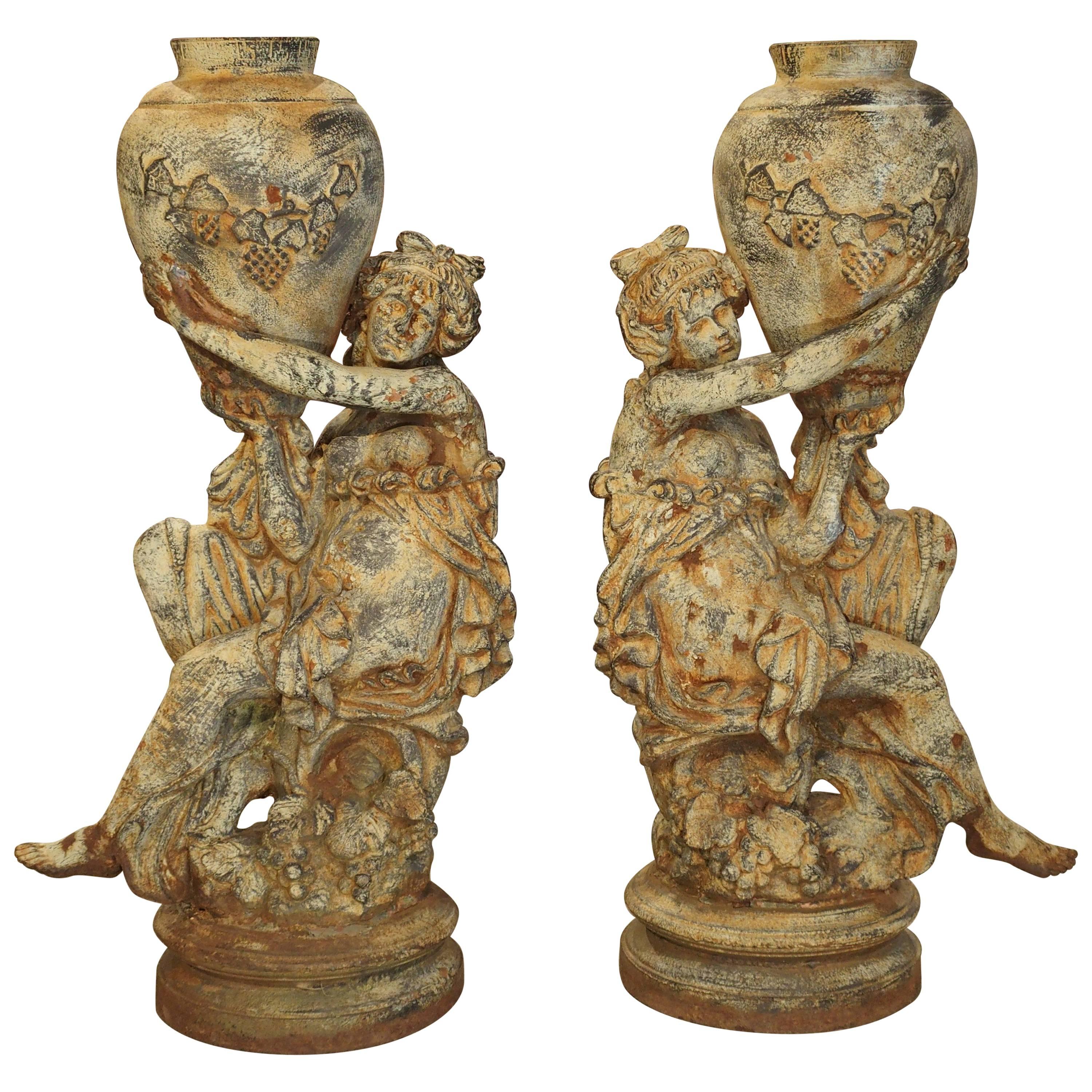 Beautiful Pair of Antique Cast Iron Figural Garden Urns