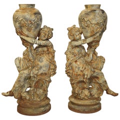 Beautiful Pair of Antique Cast Iron Figural Garden Urns