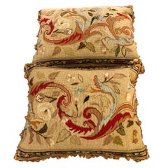 Beautiful Pair of Antique Needlepoint Pillows in Brown, Blue and Cream