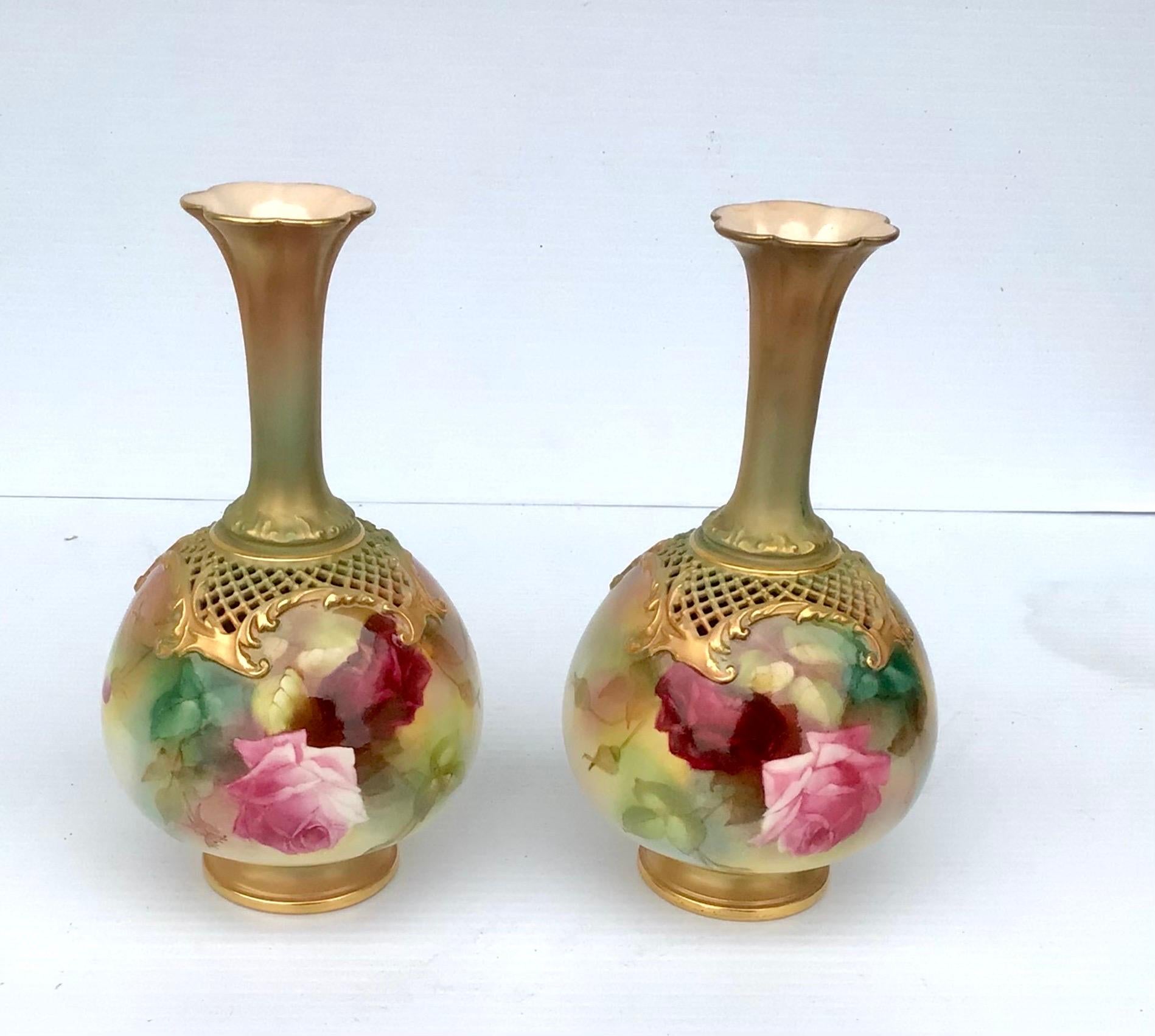Rococo Revival Beautiful Pair of Antique Royal Worcester Rose Painted Vases For Sale