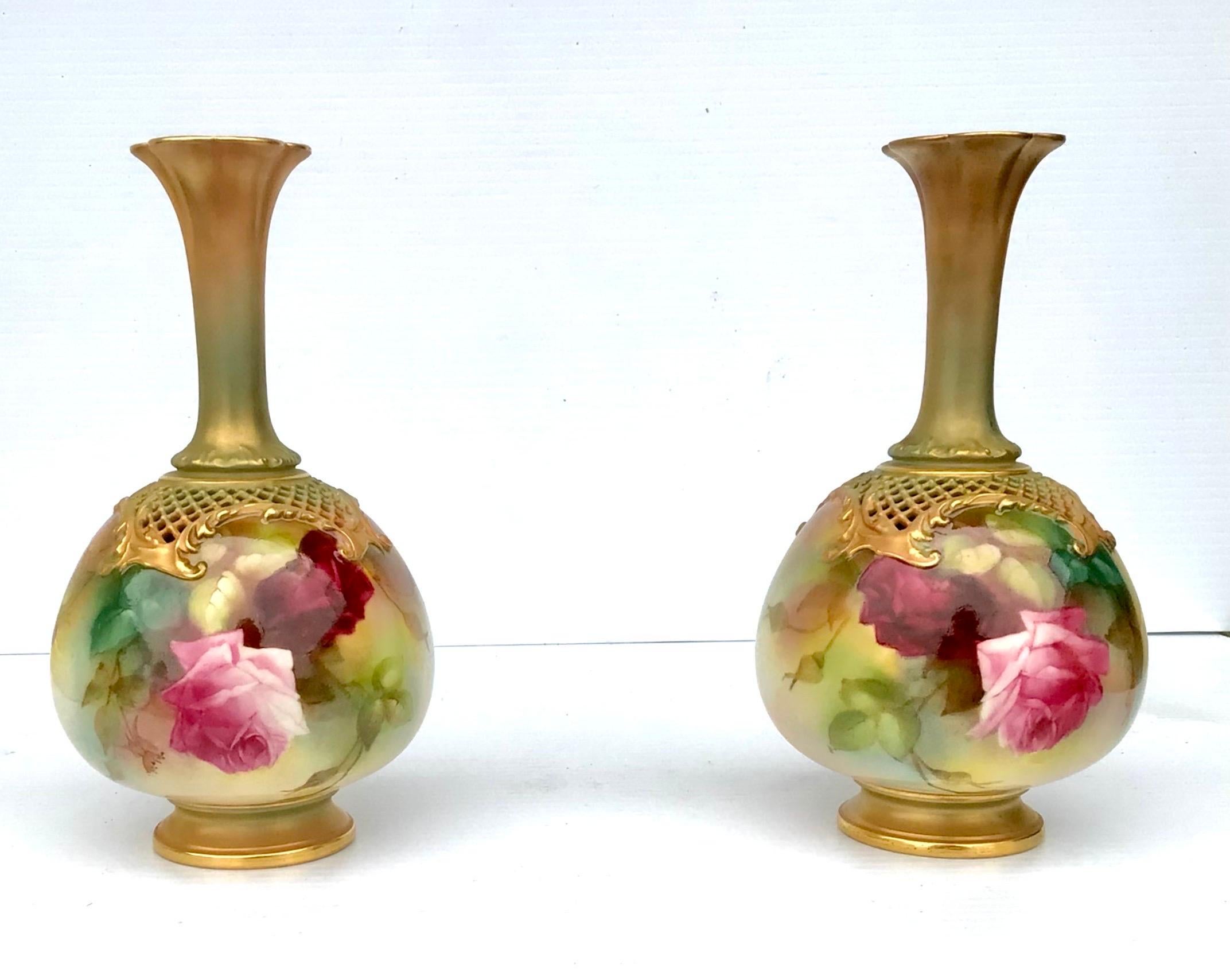 Ceramic Beautiful Pair of Antique Royal Worcester Rose Painted Vases For Sale