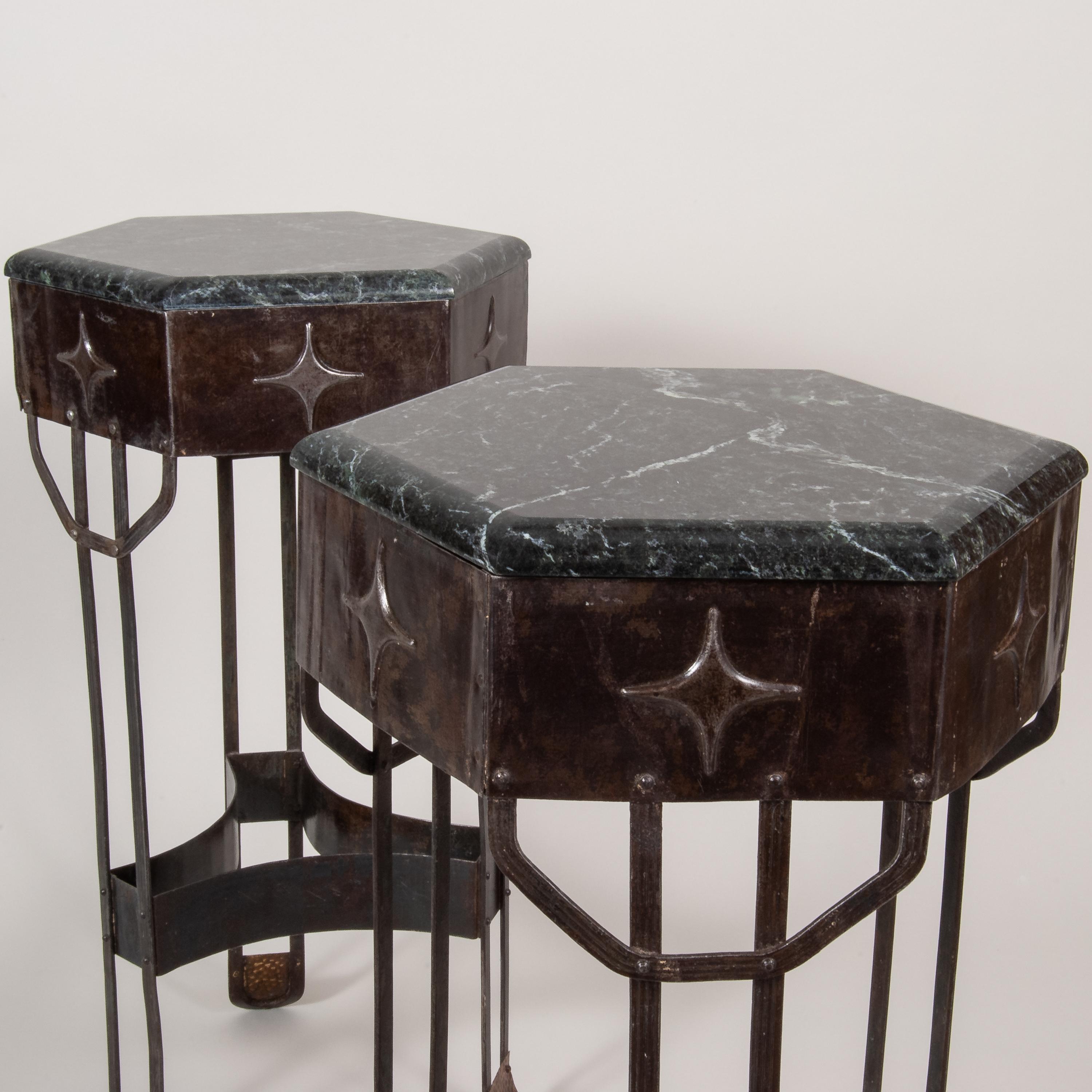 Unknown Beautiful Pair of Art Deco Wrought Iron Pedestals with Green/Black Marble Top For Sale