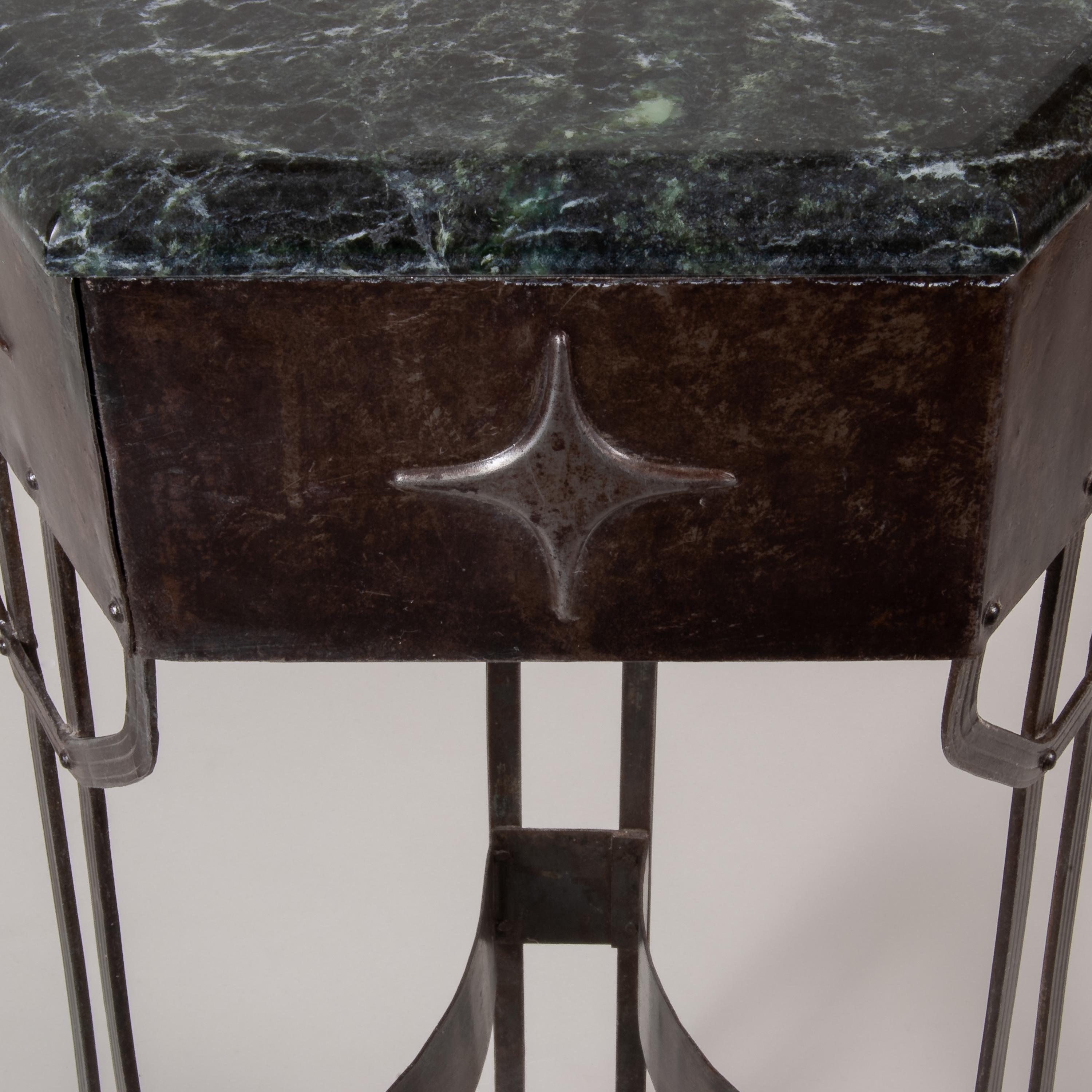 20th Century Beautiful Pair of Art Deco Wrought Iron Pedestals with Green/Black Marble Top For Sale