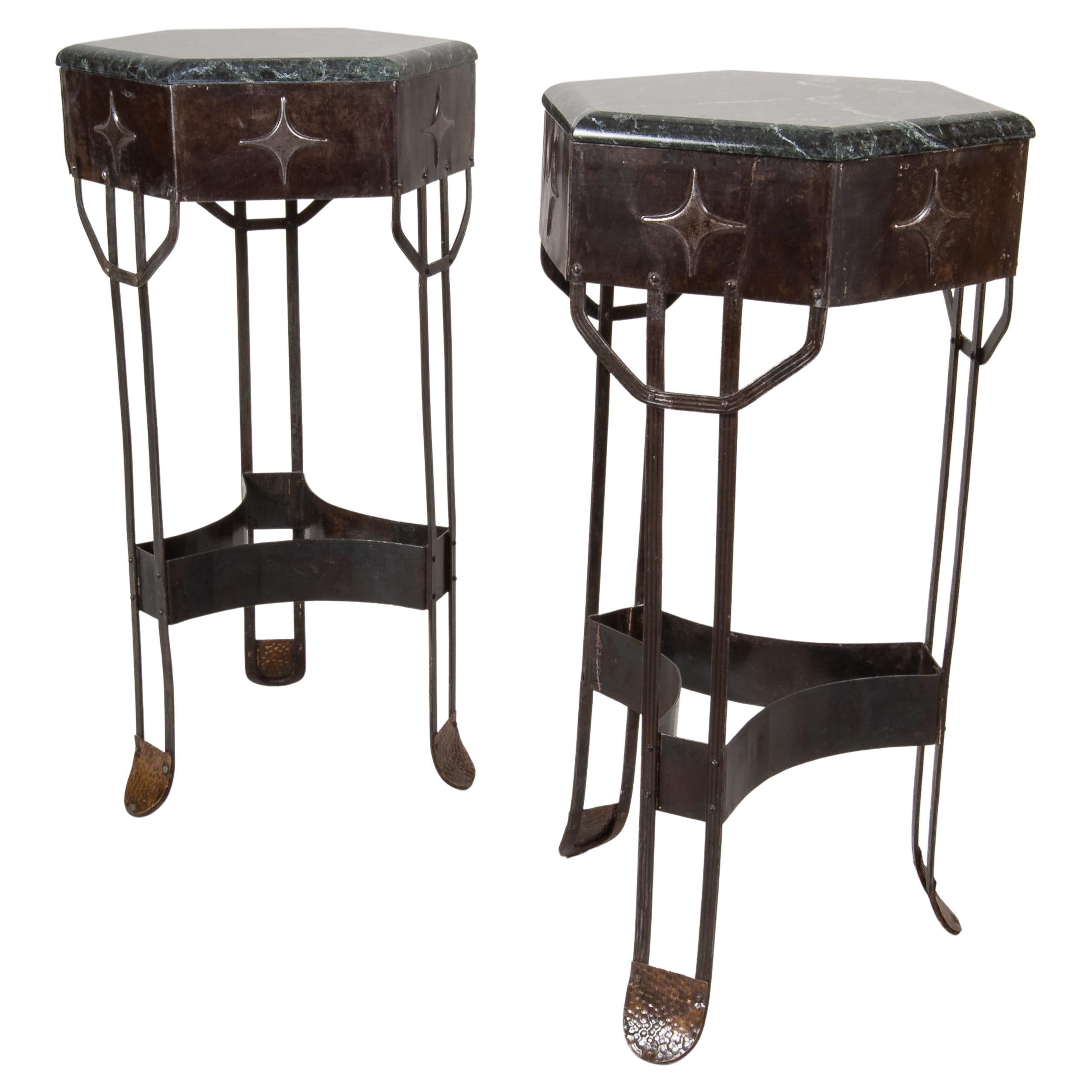 Beautiful Pair of Art Deco Wrought Iron Pedestals with Green/Black Marble Top For Sale