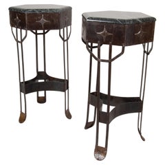 Antique Beautiful Pair of Art Deco Wrought Iron Pedestals with Green/Black Marble Top