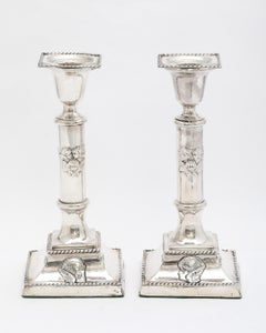 Beautiful Pair of Art Nouveau Sterling Silver Angel Motif Column Candlesticks
