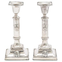 Beautiful Pair of Art Nouveau Sterling Silver Angel Motif Column Candlesticks