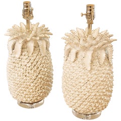 Beautiful Pair of Artful White Porcelain Prickly Pineapple Table Lamps