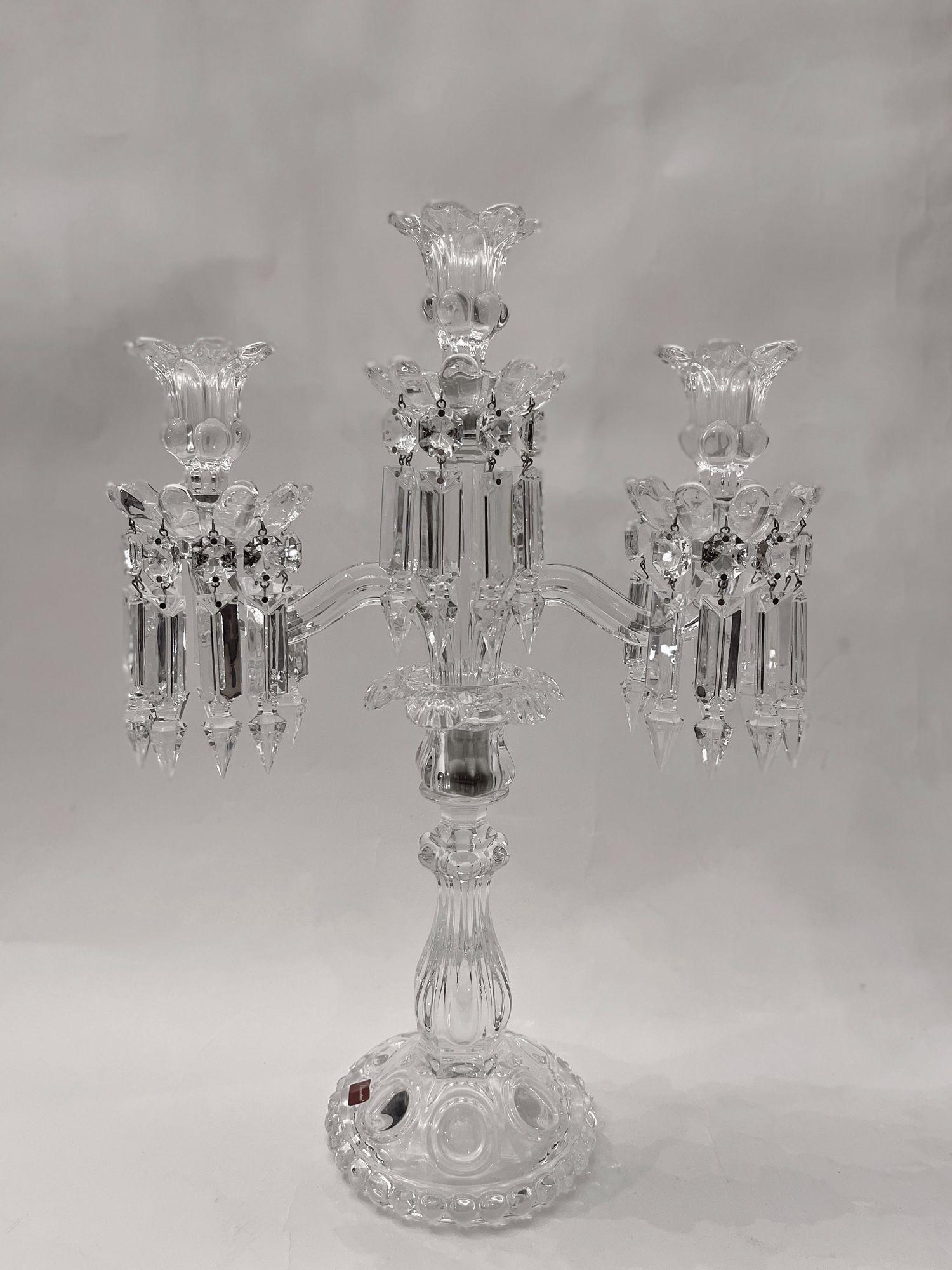 French Provincial Pair of Mid-Century Modern Neoclassical Glass Obelisk Candelabras by Baccarat