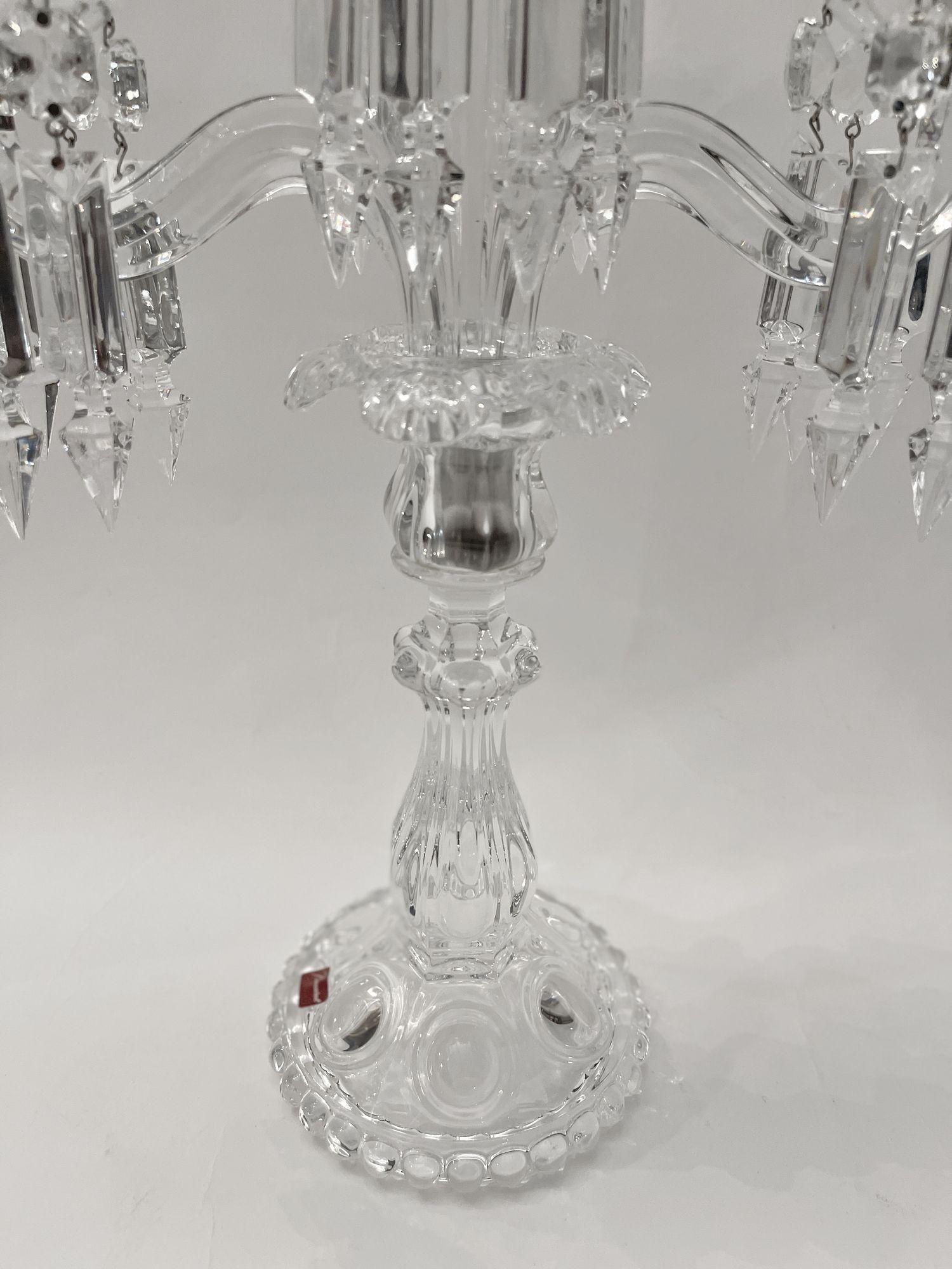 French Pair of Mid-Century Modern Neoclassical Glass Obelisk Candelabras by Baccarat