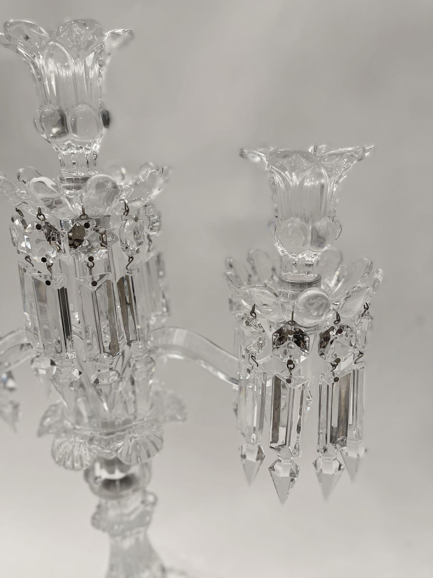 Contemporary Pair of Mid-Century Modern Neoclassical Glass Obelisk Candelabras by Baccarat