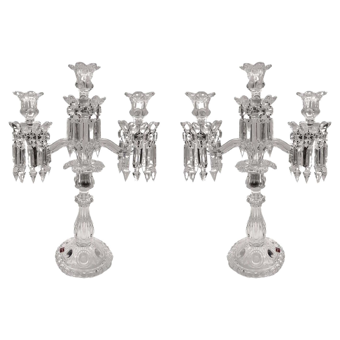 Pair of Mid-Century Modern Neoclassical Glass Obelisk Candelabras by Baccarat