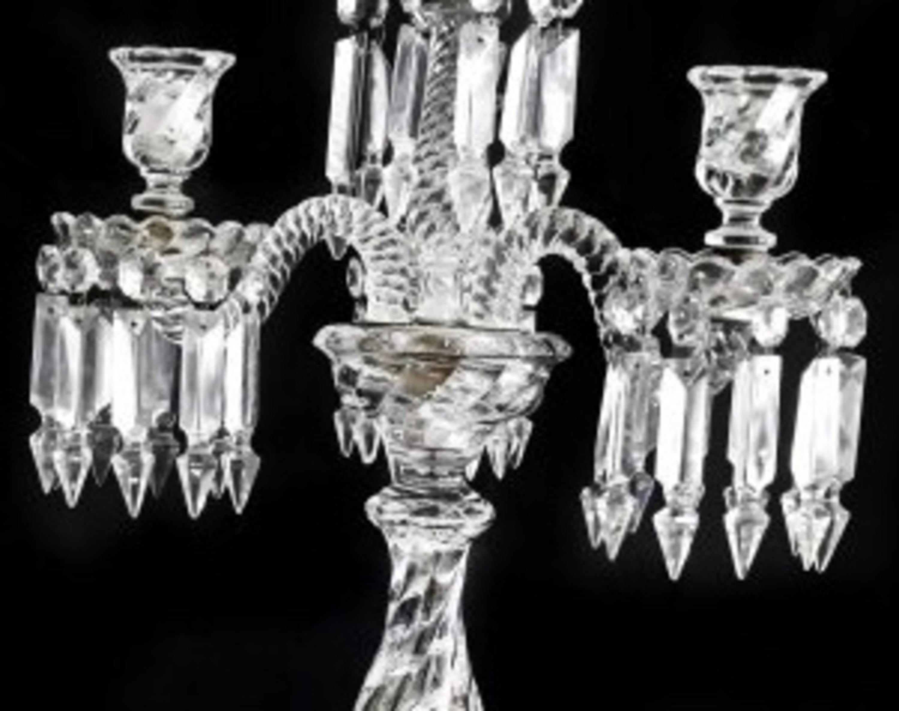 20th Century Beautiful Pair of Baccarat Four-Light Candelabra, Marked Baccarat