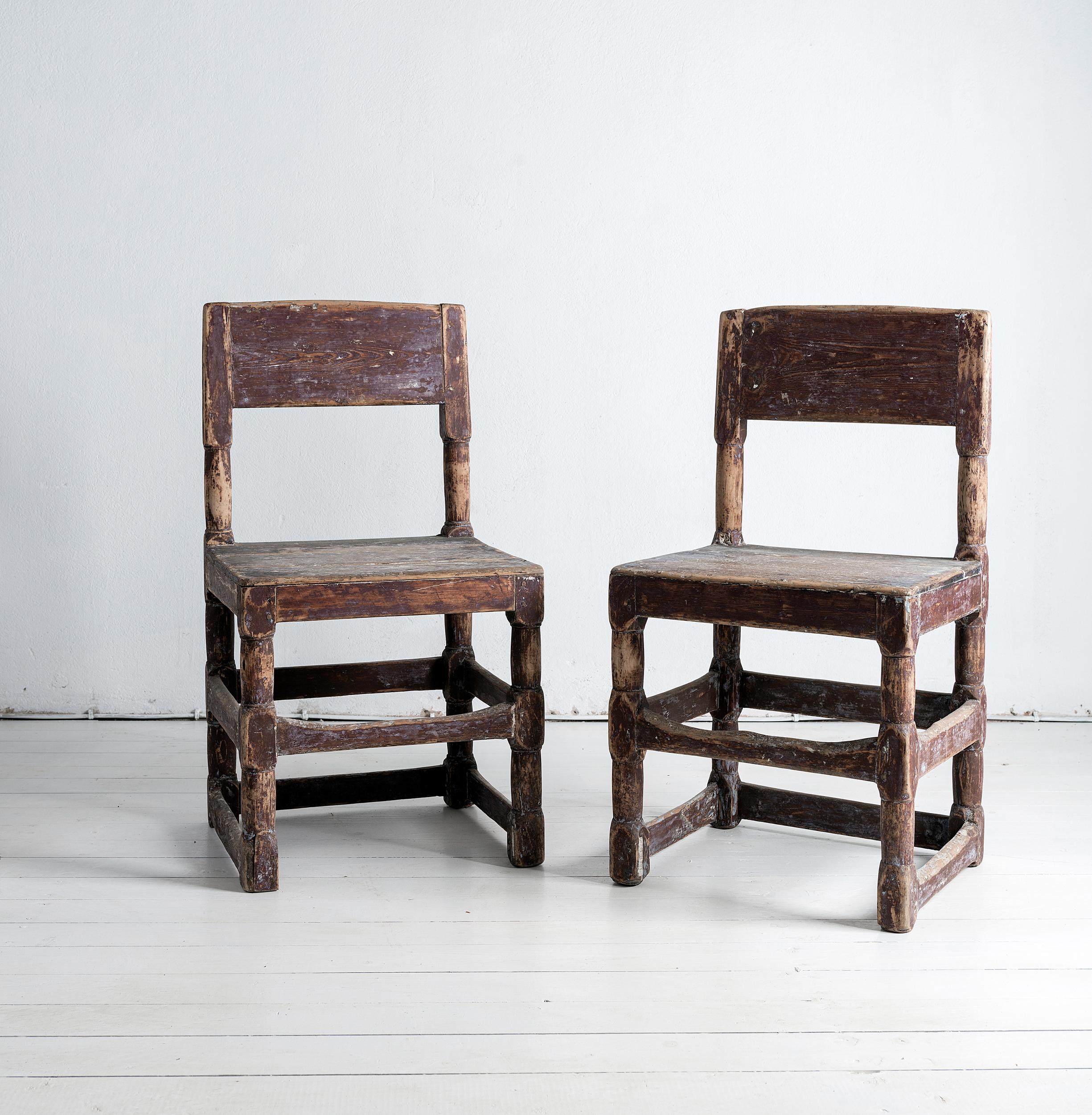 Beautiful pair of Baroque Minimalist Swedish chairs in original paint, dry scraped back.