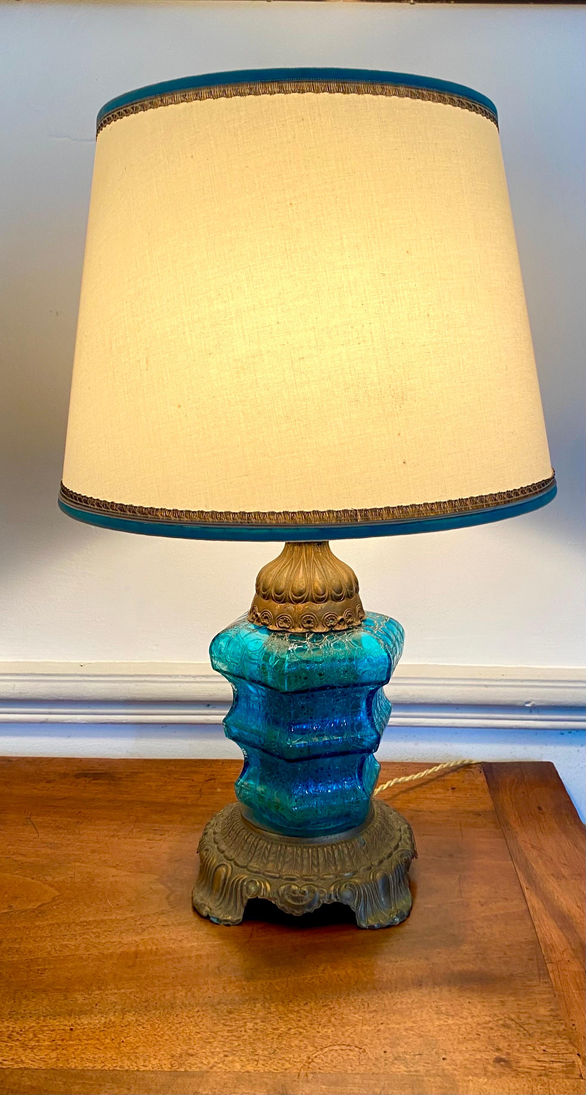 Magnificent pair of light blue blown Murano glass lamps.
circa 1970.
Impressive glass work: the Murano glass is blown.
We can note a Barovier influence.
Brilliant color: The blue is an ocean blue
The lamps are in Murano glass and golden