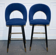 BEAUTIFUL PAiR OF BLUE VELVET BAR CHAIRS WITH GOLD DETAIL ON THE FRAME