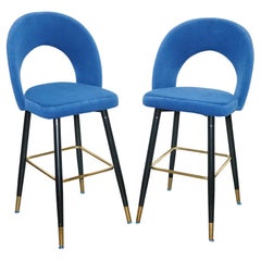 Vintage BEAUTIFUL PAiR OF BLUE VELVET BAR CHAIRS WITH GOLD DETAIL ON THE FRAME
