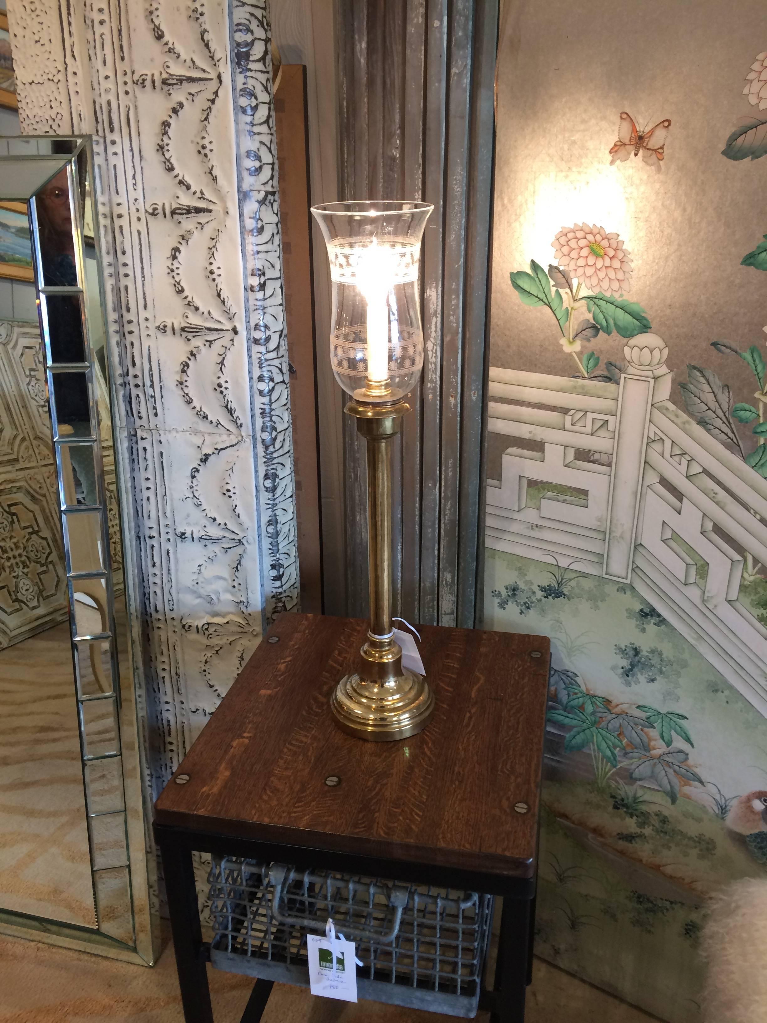 American Beautiful Pair of Brass Candlestick Lamps with Original Antique Glass Globes