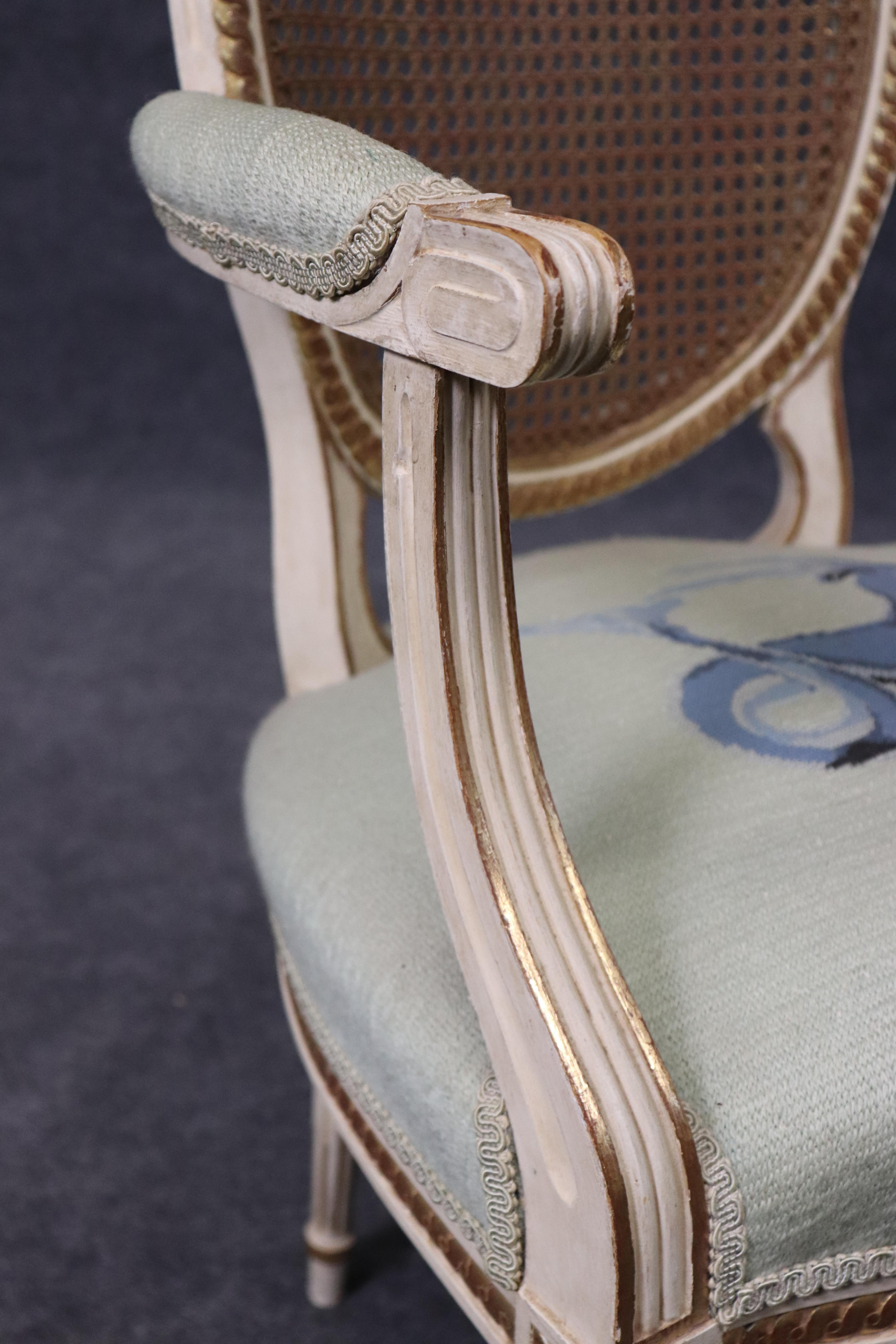 Beautiful Pair of Cane Back French Louis XVI Needlepoint Armchairs For Sale 6