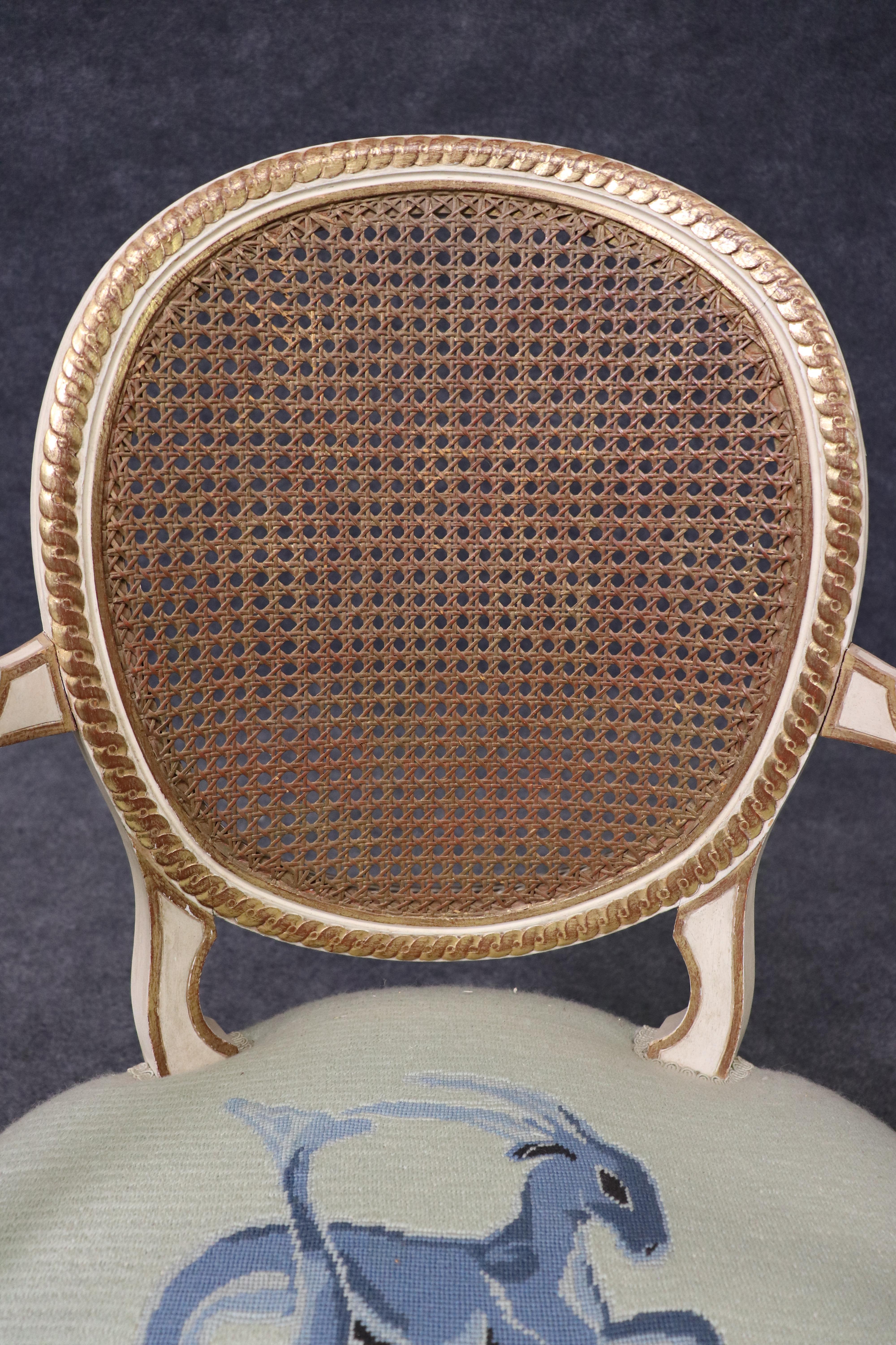 Beautiful Pair of Cane Back French Louis XVI Needlepoint Armchairs For Sale 7