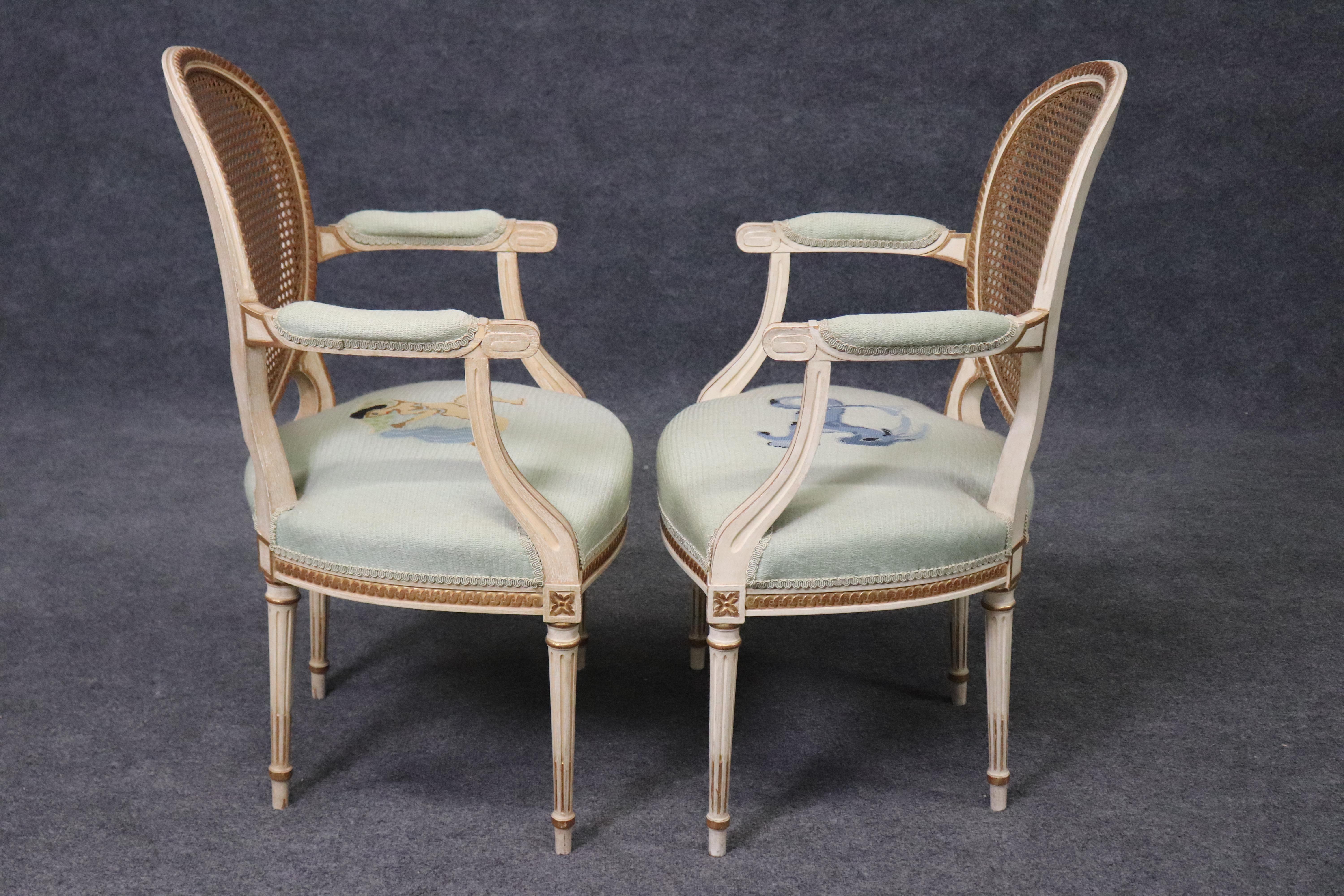 Beautiful Pair of Cane Back French Louis XVI Needlepoint Armchairs In Good Condition For Sale In Swedesboro, NJ
