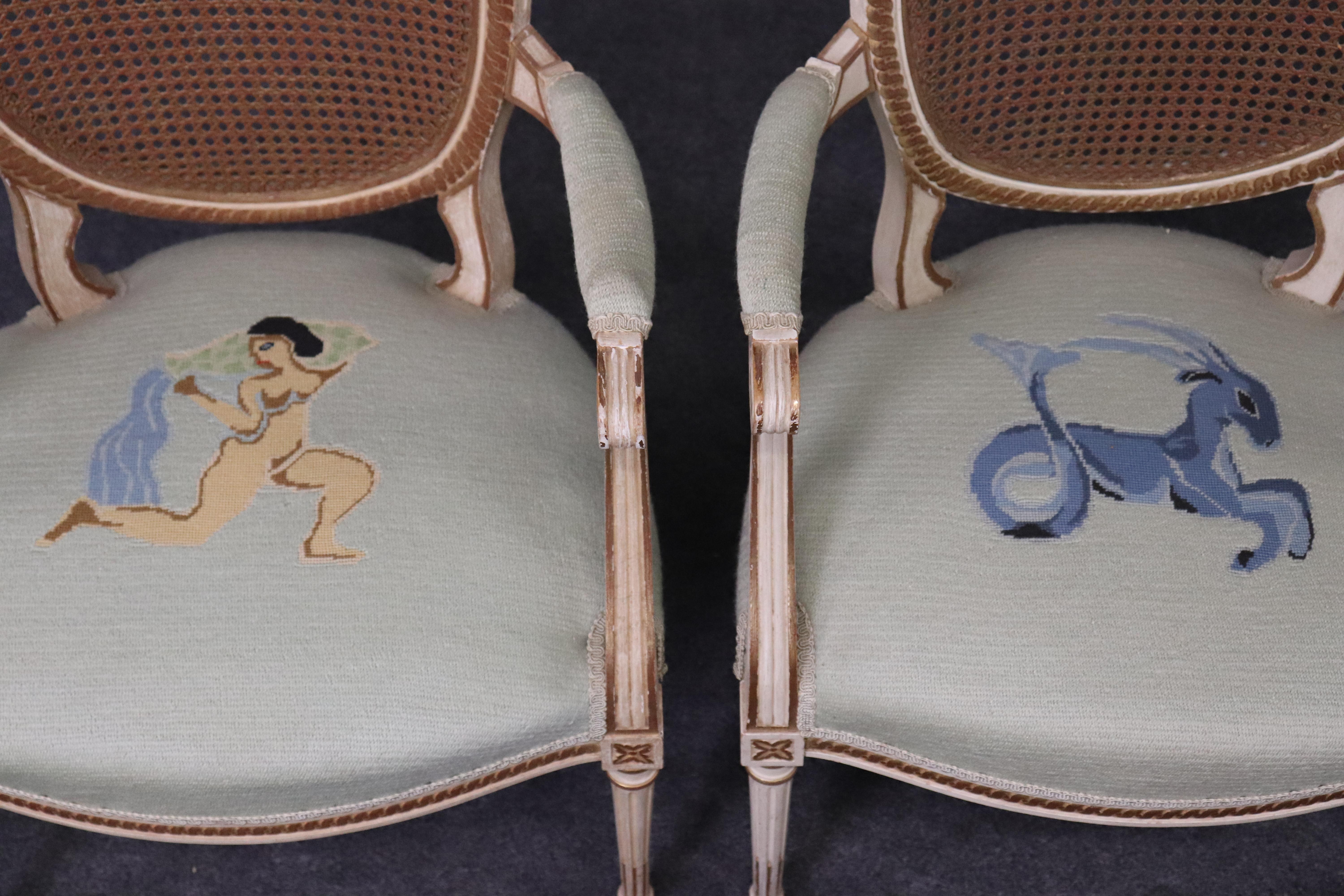 Beautiful Pair of Cane Back French Louis XVI Needlepoint Armchairs For Sale 1