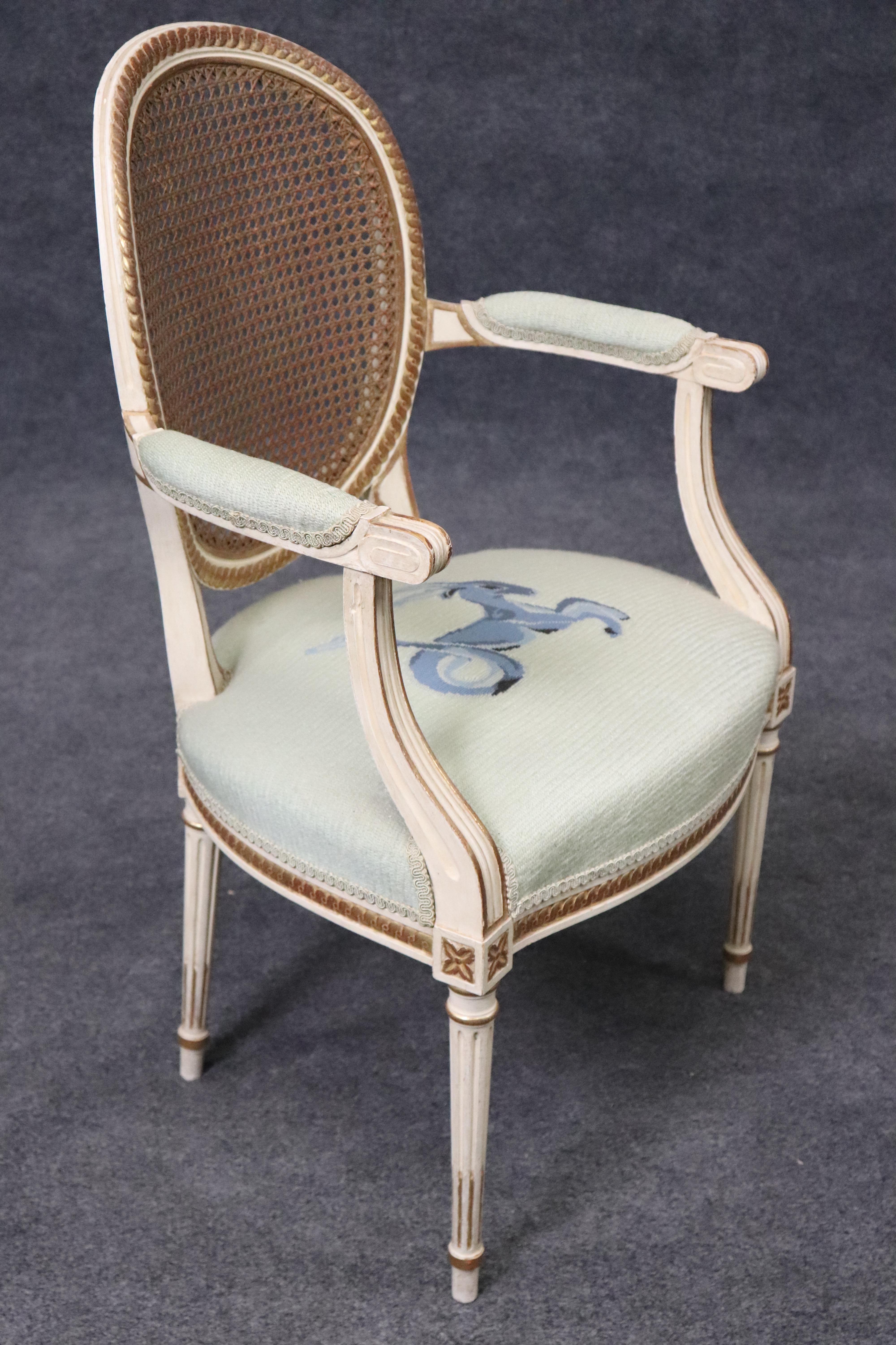 Beautiful Pair of Cane Back French Louis XVI Needlepoint Armchairs For Sale 4