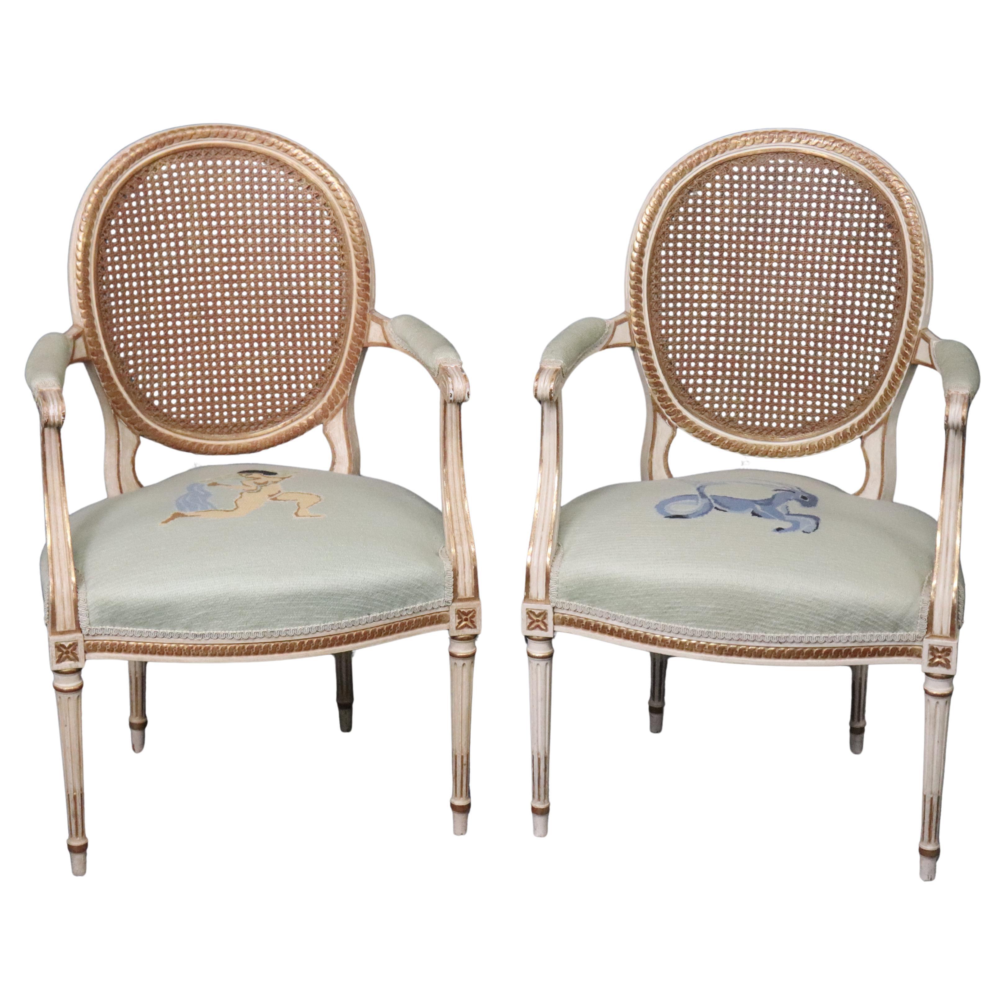 Beautiful Pair of Cane Back French Louis XVI Needlepoint Armchairs For Sale