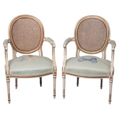 Beautiful Pair of Cane Back French Louis XVI Needlepoint Armchairs