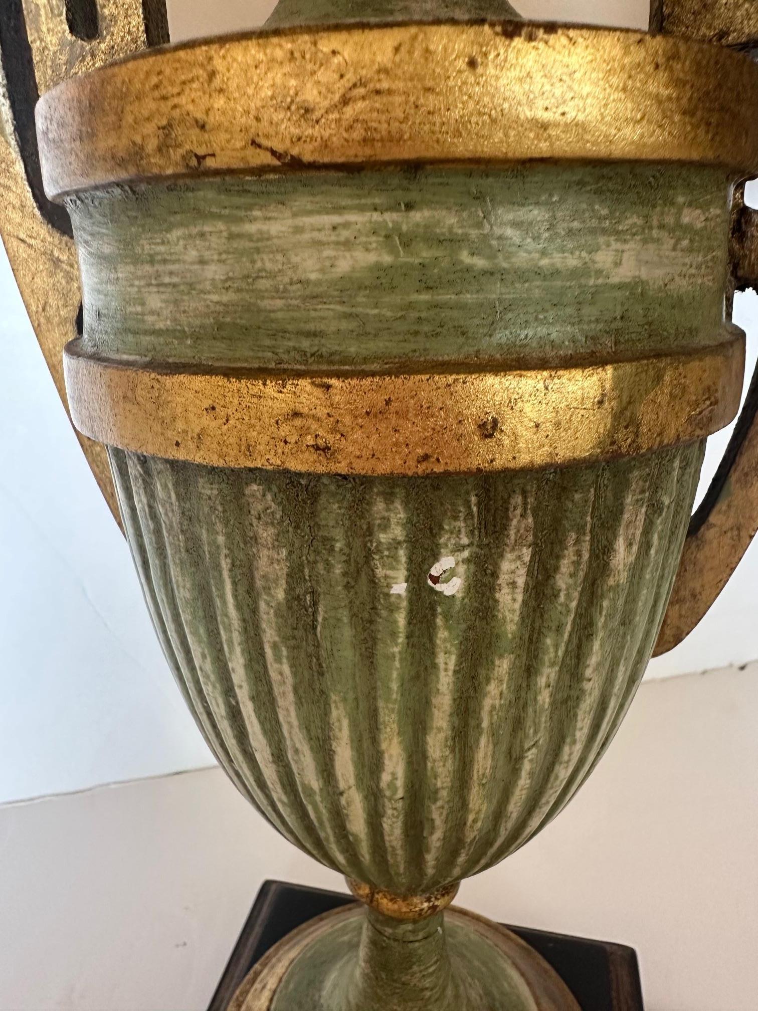 American Beautiful Pair of Celadon Green & Gold Urn Shaped Table Lamps For Sale