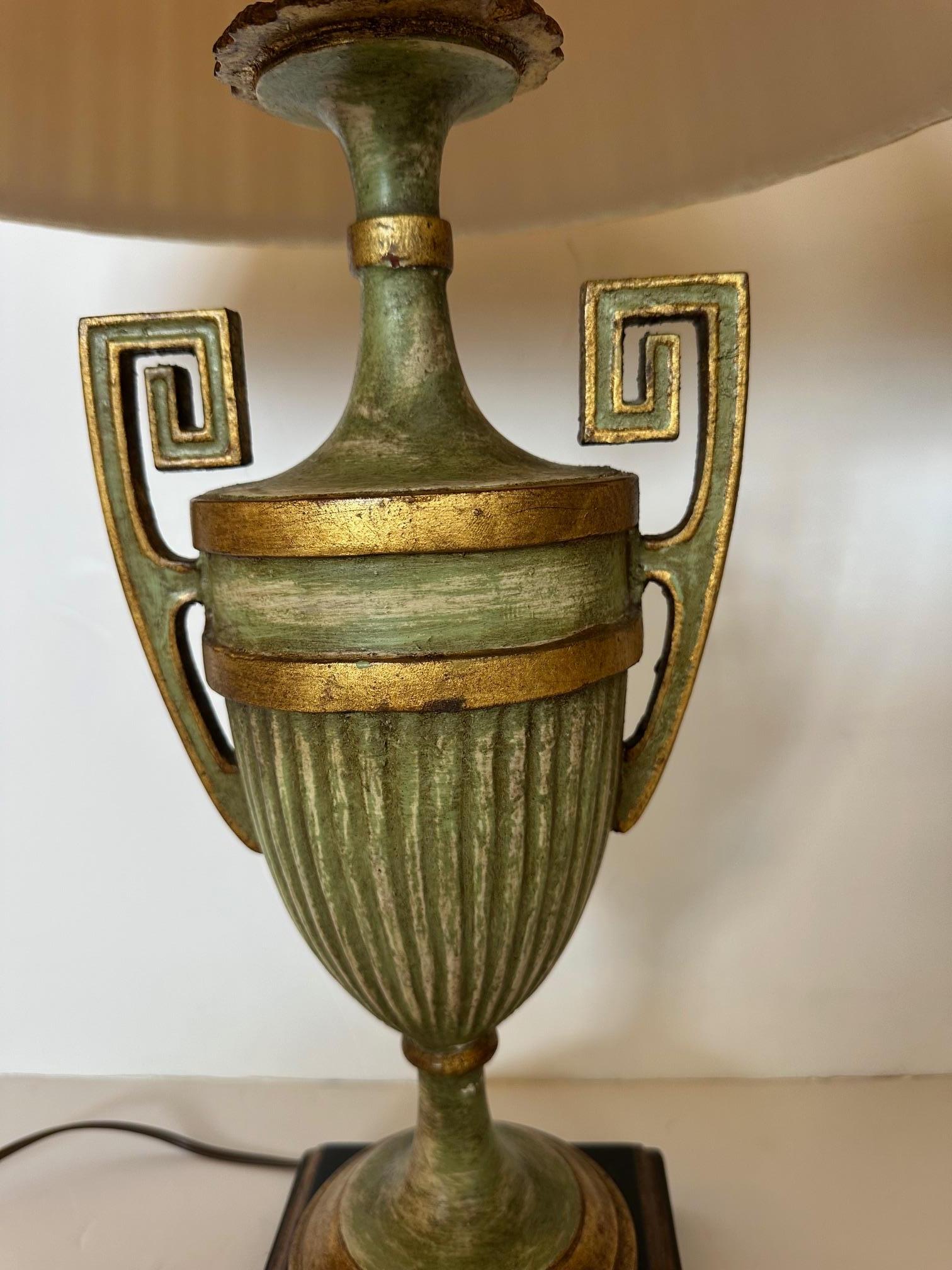 Beautiful Pair of Celadon Green & Gold Urn Shaped Table Lamps In Good Condition For Sale In Hopewell, NJ