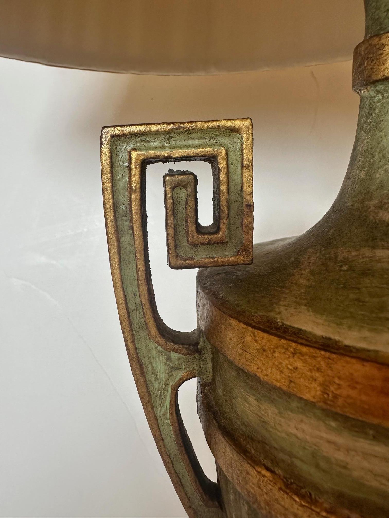 Mid-20th Century Beautiful Pair of Celadon Green & Gold Urn Shaped Table Lamps For Sale