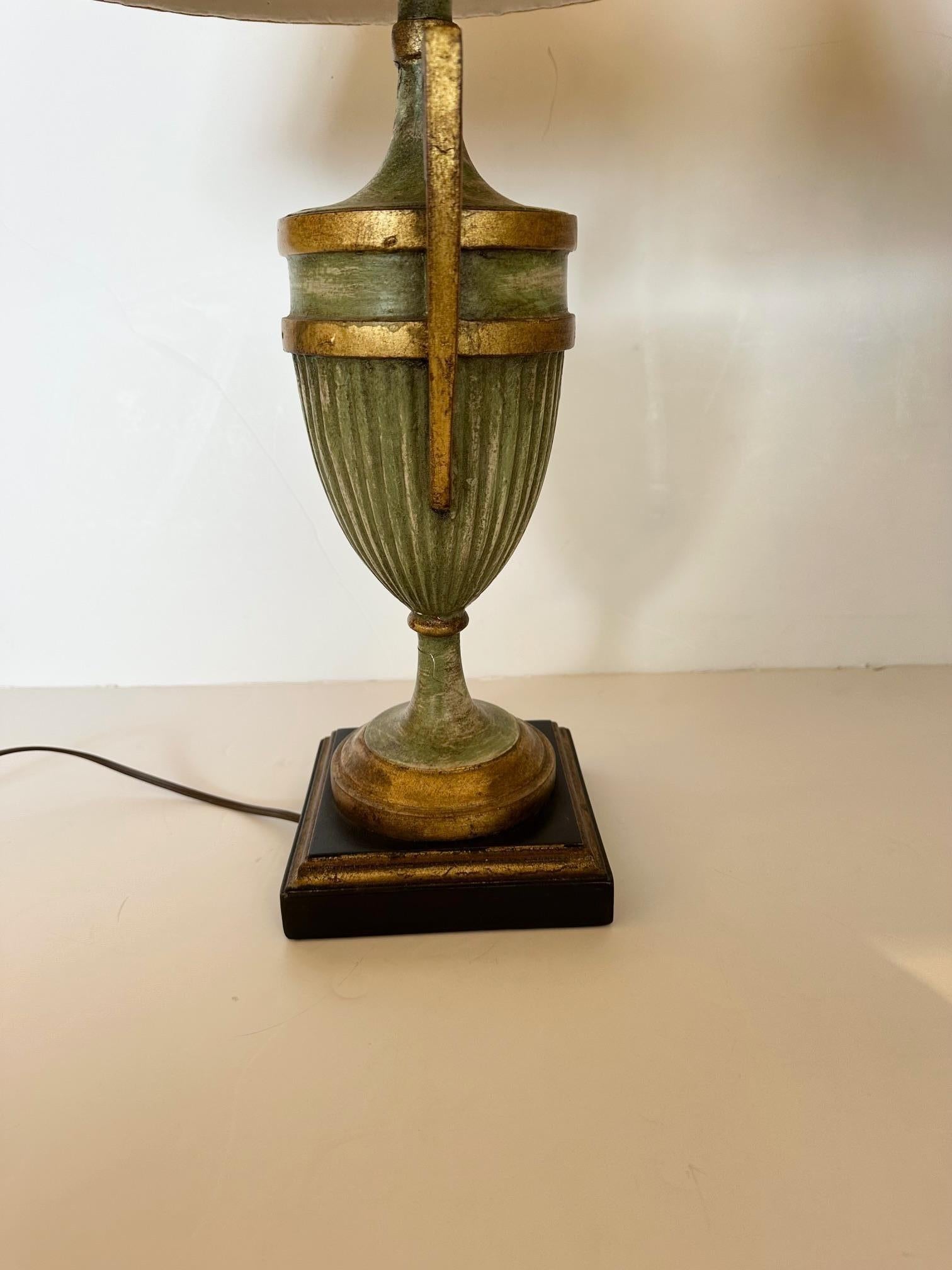 Beautiful Pair of Celadon Green & Gold Urn Shaped Table Lamps For Sale 1