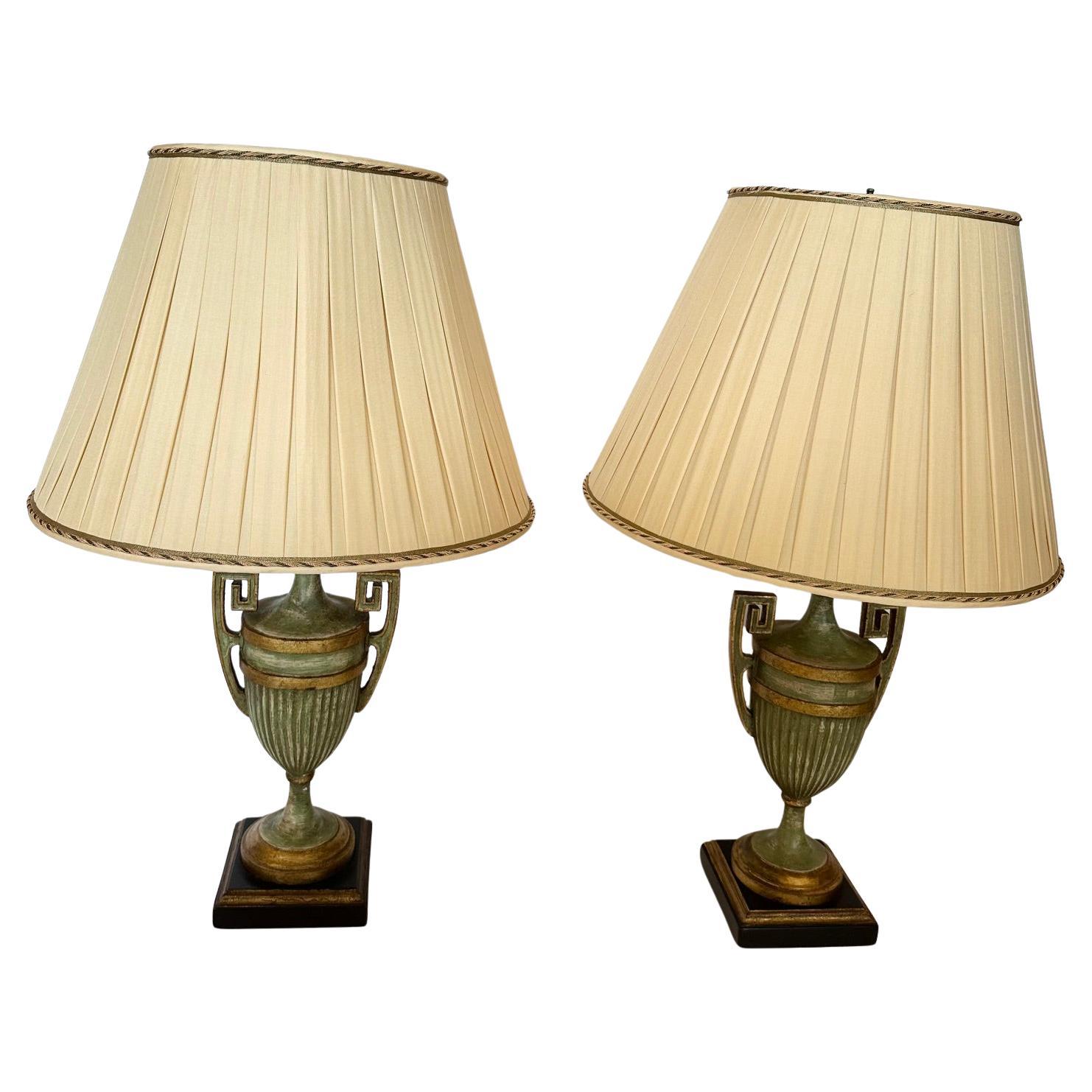 Beautiful Pair of Celadon Green & Gold Urn Shaped Table Lamps