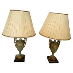 Beautiful Pair of Celadon Green & Gold Urn Shaped Table Lamps