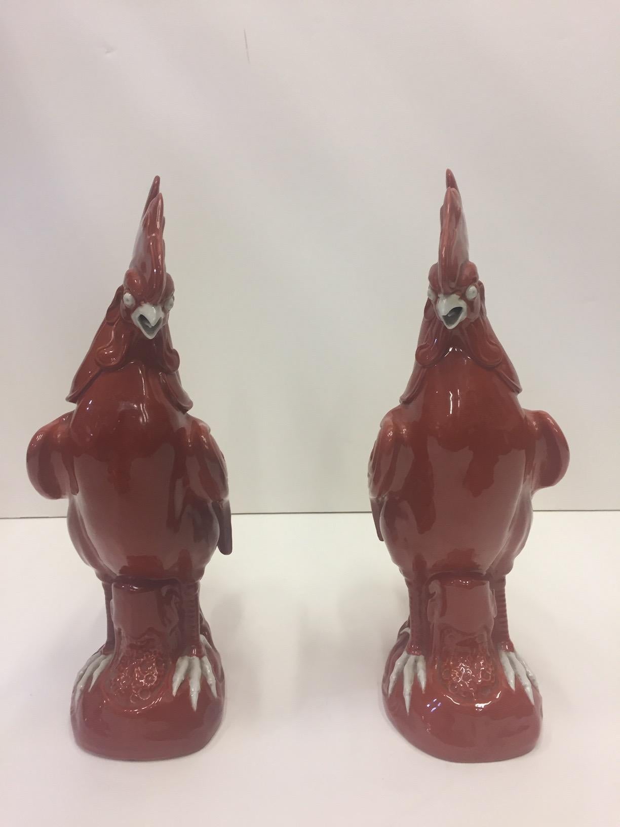 Beautiful Pair of Chinese Brick Red Porcelain Roosters In Excellent Condition In Hopewell, NJ