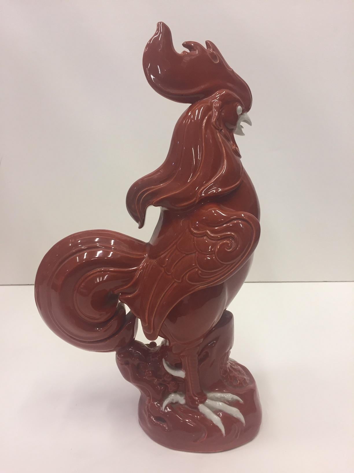 Early 20th Century Beautiful Pair of Chinese Brick Red Porcelain Roosters