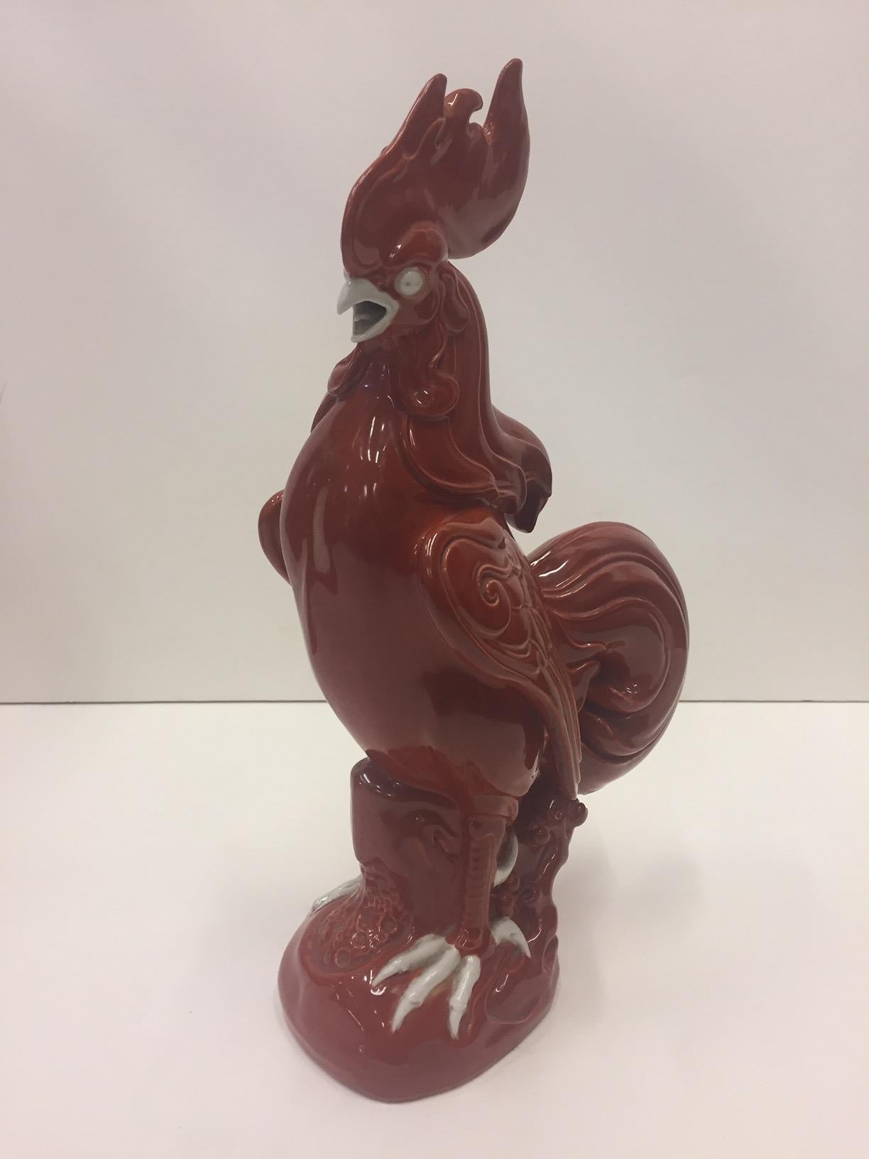 Beautiful Pair of Chinese Brick Red Porcelain Roosters 2