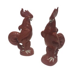 Beautiful Pair of Chinese Brick Red Porcelain Roosters